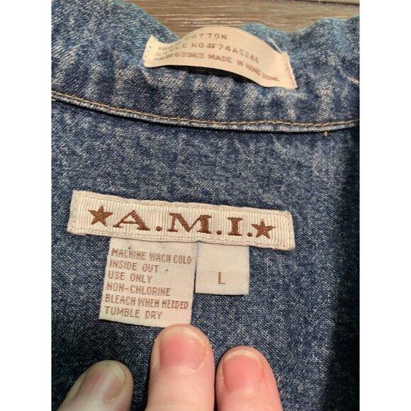 Vtg Denim Floral Embroidered Long Sleeve Shirt Women Size L A.M.I - Button Down - Picture 9 of 13